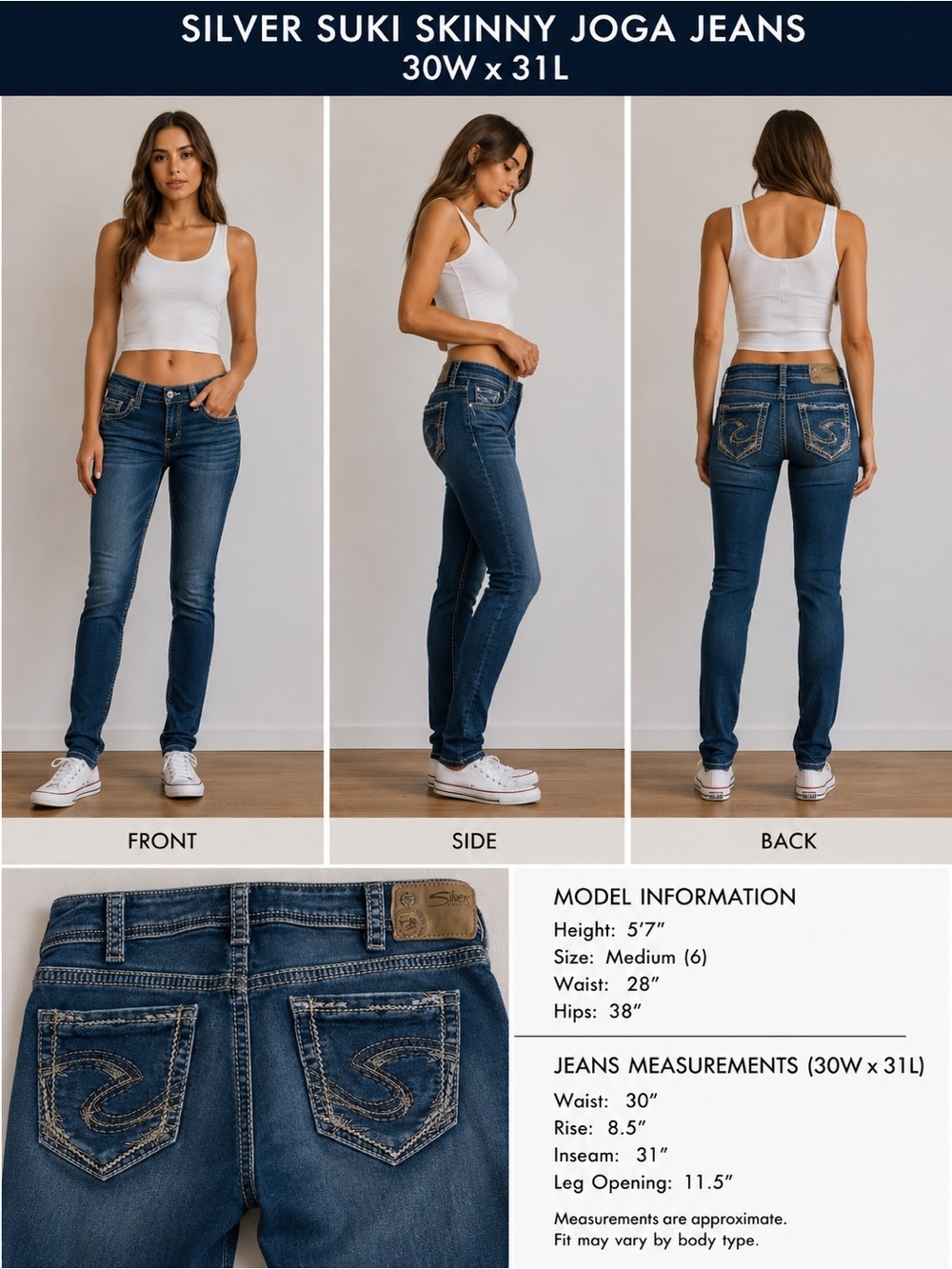 Silver Suki Skinny Joga Jeans 30x31 Medium Wash Stretch Denim Jeans